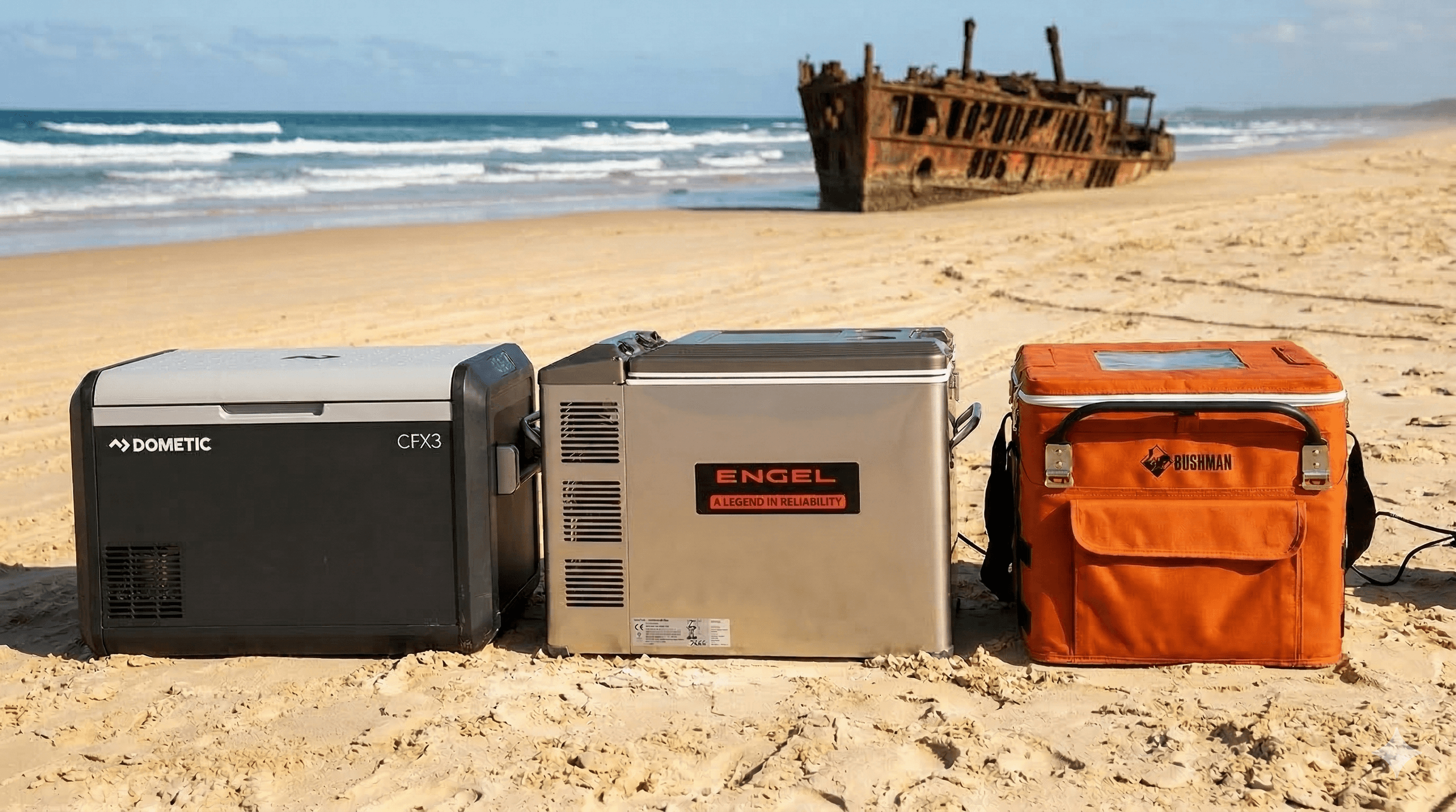 Dometic CFX3, Engel MT45F-P and Bushman 35L portable fridges on an Australian beach