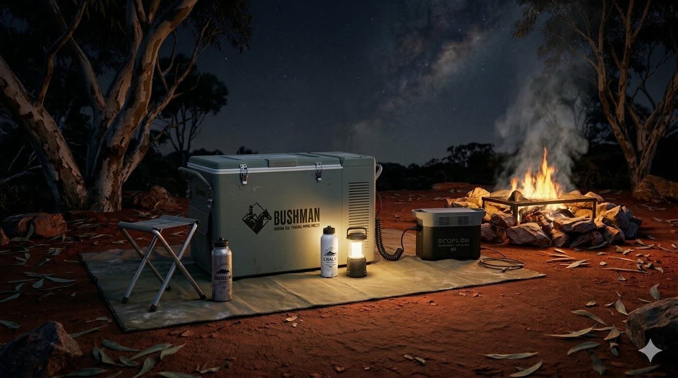 Bushman Original 35L camping fridge beside a campfire under the stars