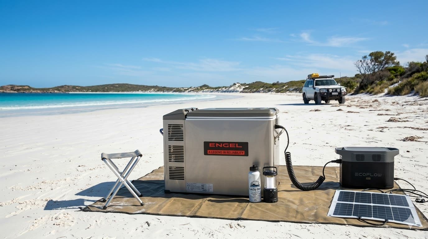 Engel MT45F-P portable fridge on an Australian beach